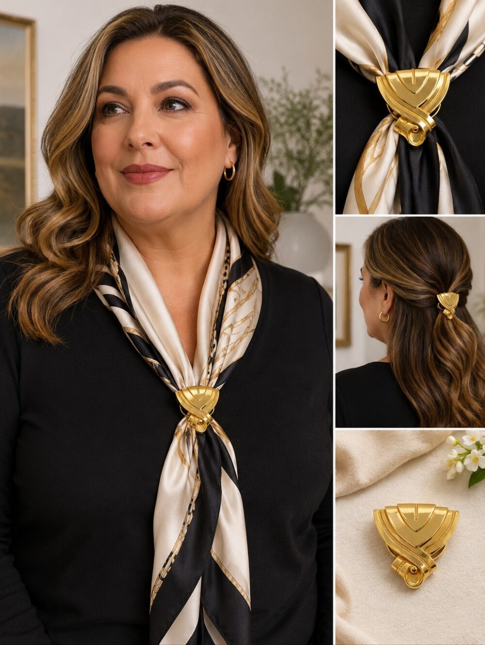 Vintage Jeri-Lou 1.5" Gold Tone Geometric Scarf Clip Art Deco Modernist Signed